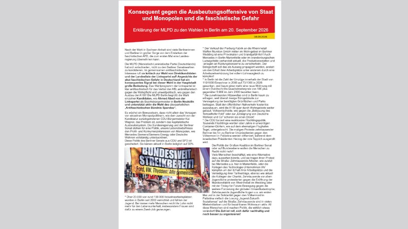Konsequent gegen die Ausbeutungsoffensive von Staat und Monopolen und die faschistische Gefahr